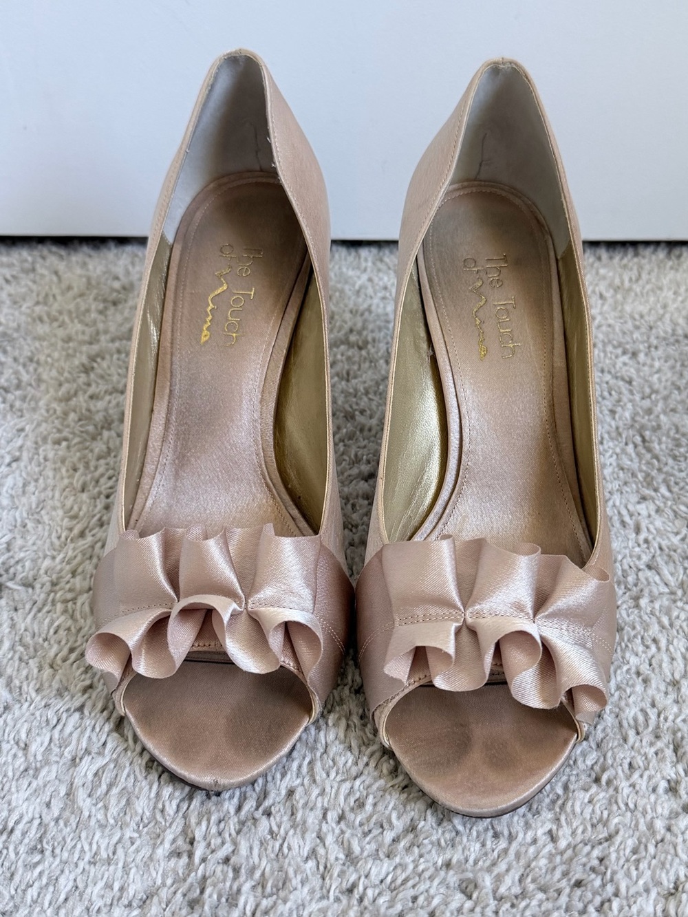 Touch of Nina Champagne Satin Peep-Toe Ruffle Heels